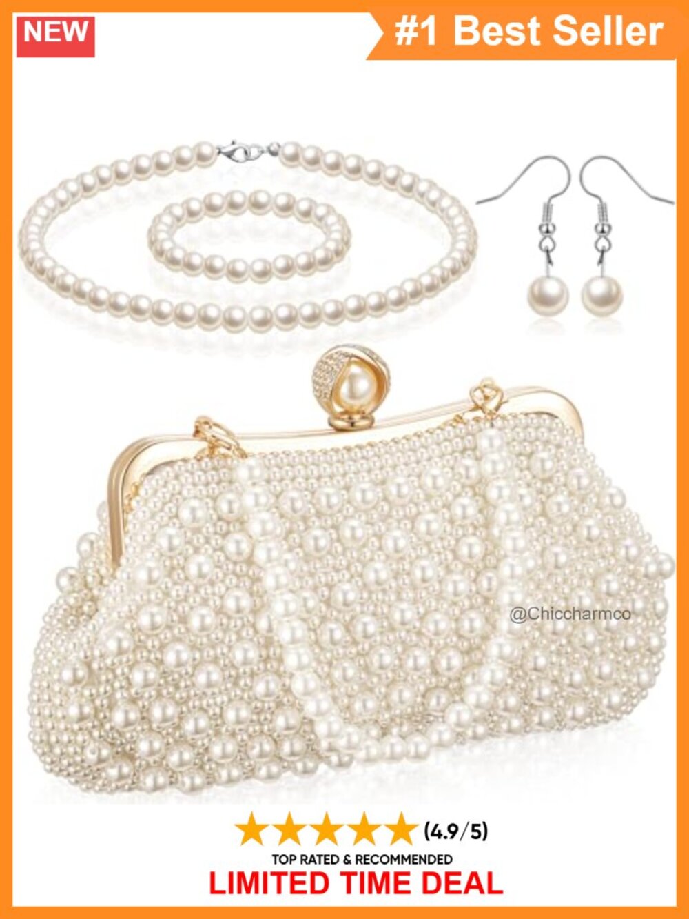 Pearl Clutch Purse & Jewelry Set 4 Pc Evening Bag Necklace Bracelet
